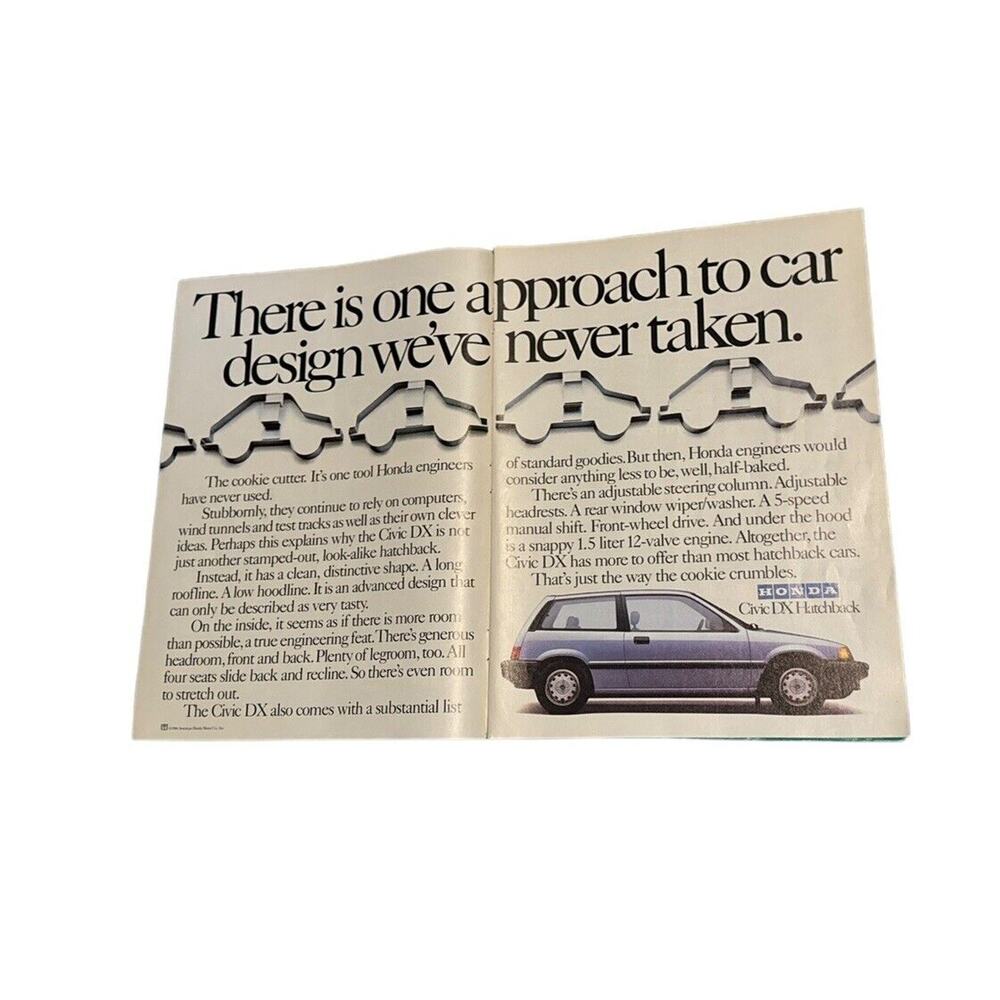 Honda Civic DX Hatchback 1986 Advertisement 2 Pg 5 Speed Manual Cookie‎ Cutter